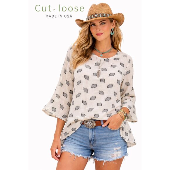 cut loose Tops - Cut Loose NWT Leaf Print Cotton Gauze Top Oversize XS Boho Relaxed Natural USA